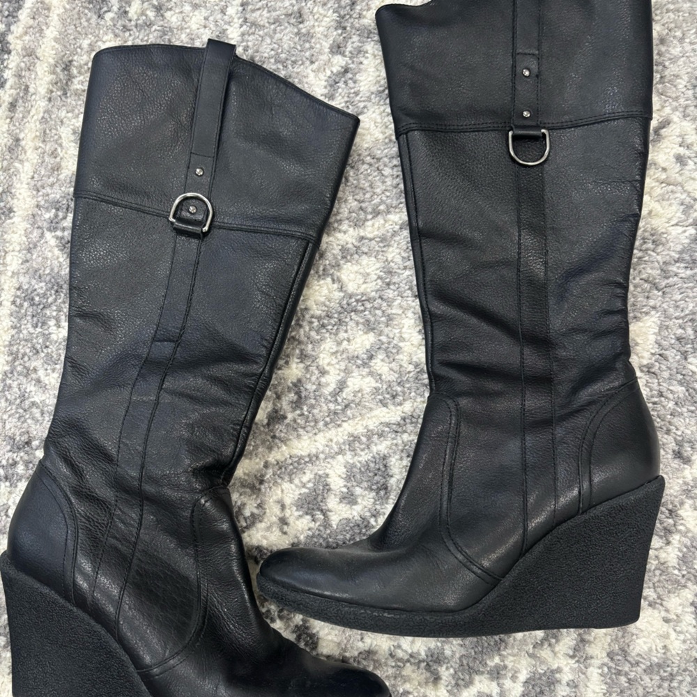 Nine West Black Over-the-Knee Wedge Boots with Buckle Detail- Size 6.5